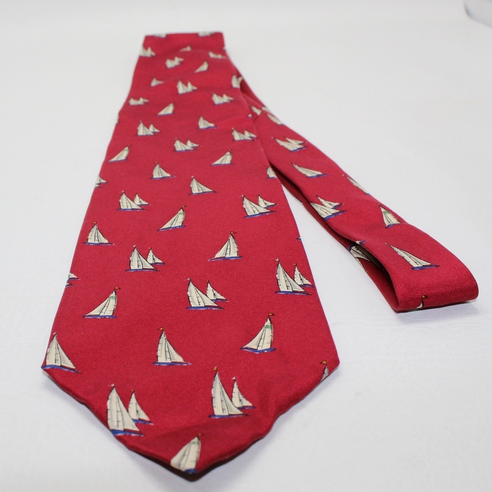 Lauren Ralph Lauren Mens Red Silk Sailboat Nautical Necktie Hand Finished USA